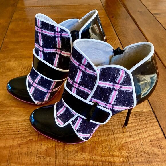 Sophia Webster Plaid Patent Leather High Heel Ankle Boots Black Pink Size EU 39 - Picture 7 of 16